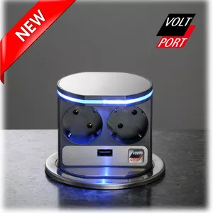 VoltPort 2x220 + USB-зарядное. Крышка из нержавеющей стали. LED подсве