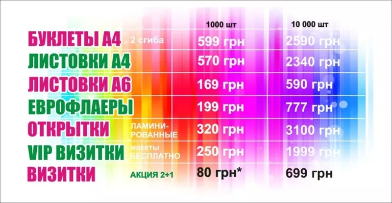 Визитки - 1000 шт. 80 грн.;  флаеры 1000 шт. 199 грн.