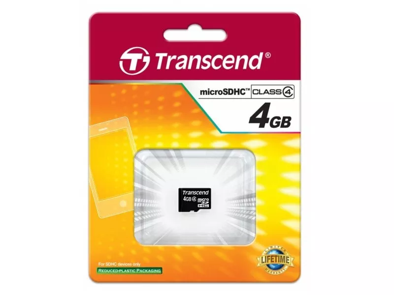 Карта памяти Transcend MicroSDHC 4GB Class 4 (TS4GUSDC4) картон.блист.
