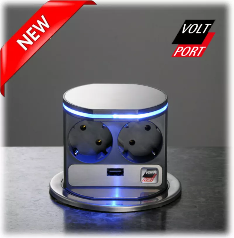 VoltPort 2x220 + USB-зарядное. Крышка из нержавеющей стали. LED подсве