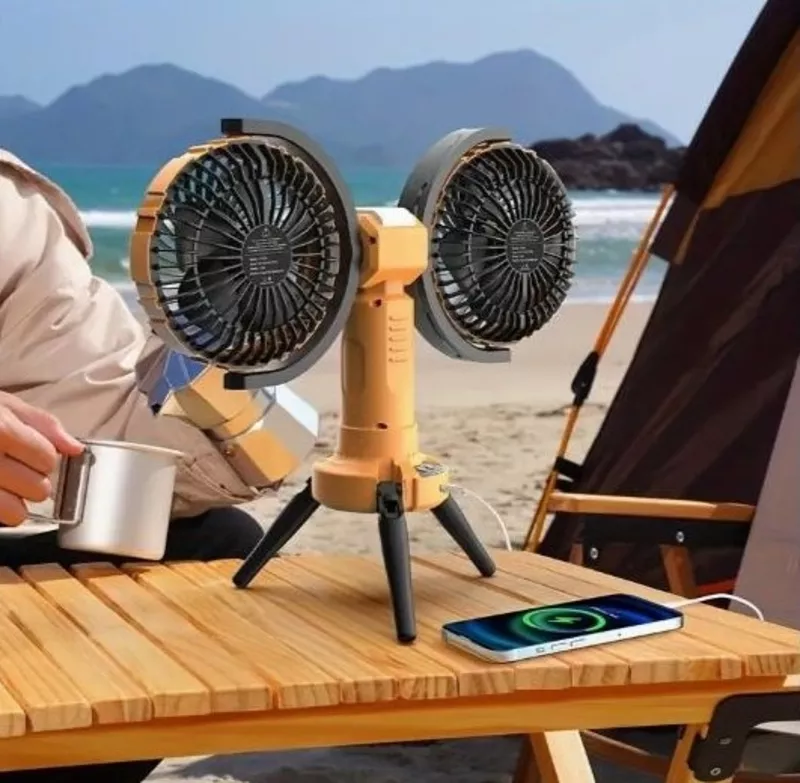 Двоголовий вуличний вентилятор з LED-підсвіткою,  акумулятор 8000мАг 6